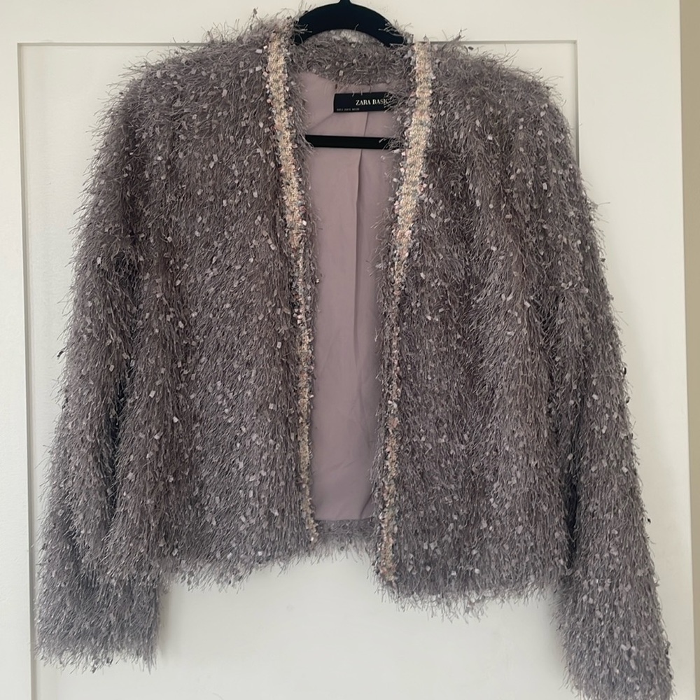 Zara basic purple fringe cardigan in small